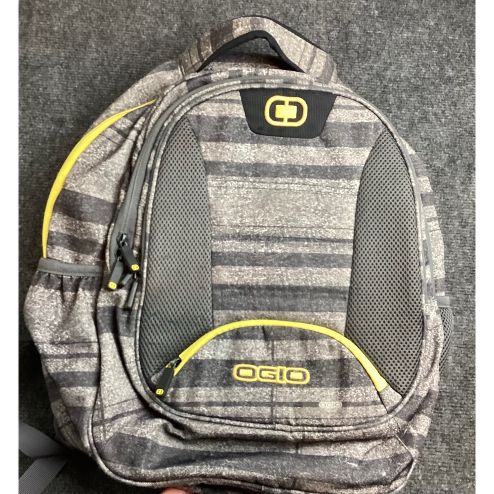 OGIO Backpack Grey Black Striped Yellow Accents School Travel Bag